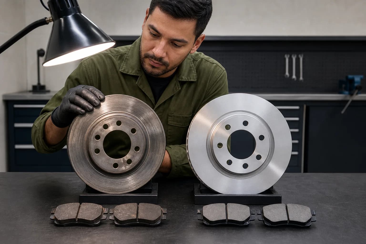 Discos e pastilhas usados e novos organizados em bancada limpa para comparação