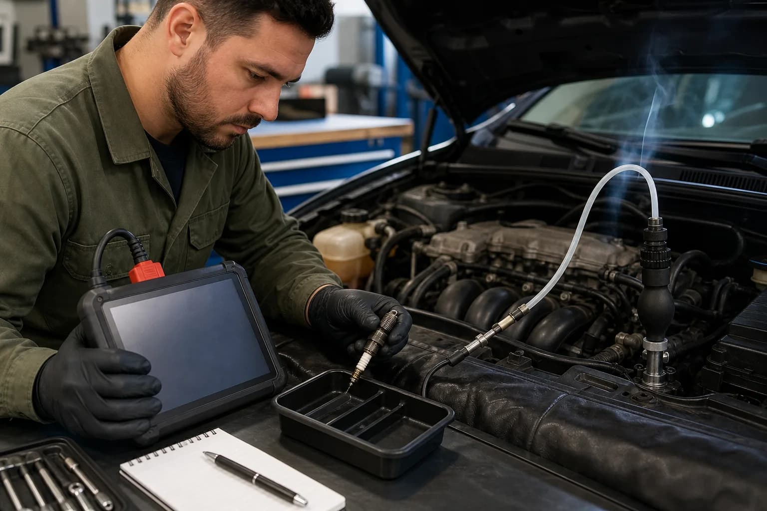 Scanner, vela de ignição e equipamento de teste organizados para diagnóstico automotivo
