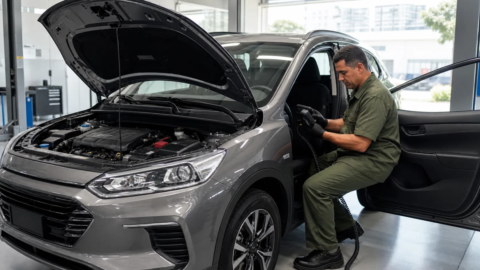 Mecânico conecta scanner automotivo a veículo com o capô aberto em oficina limpa