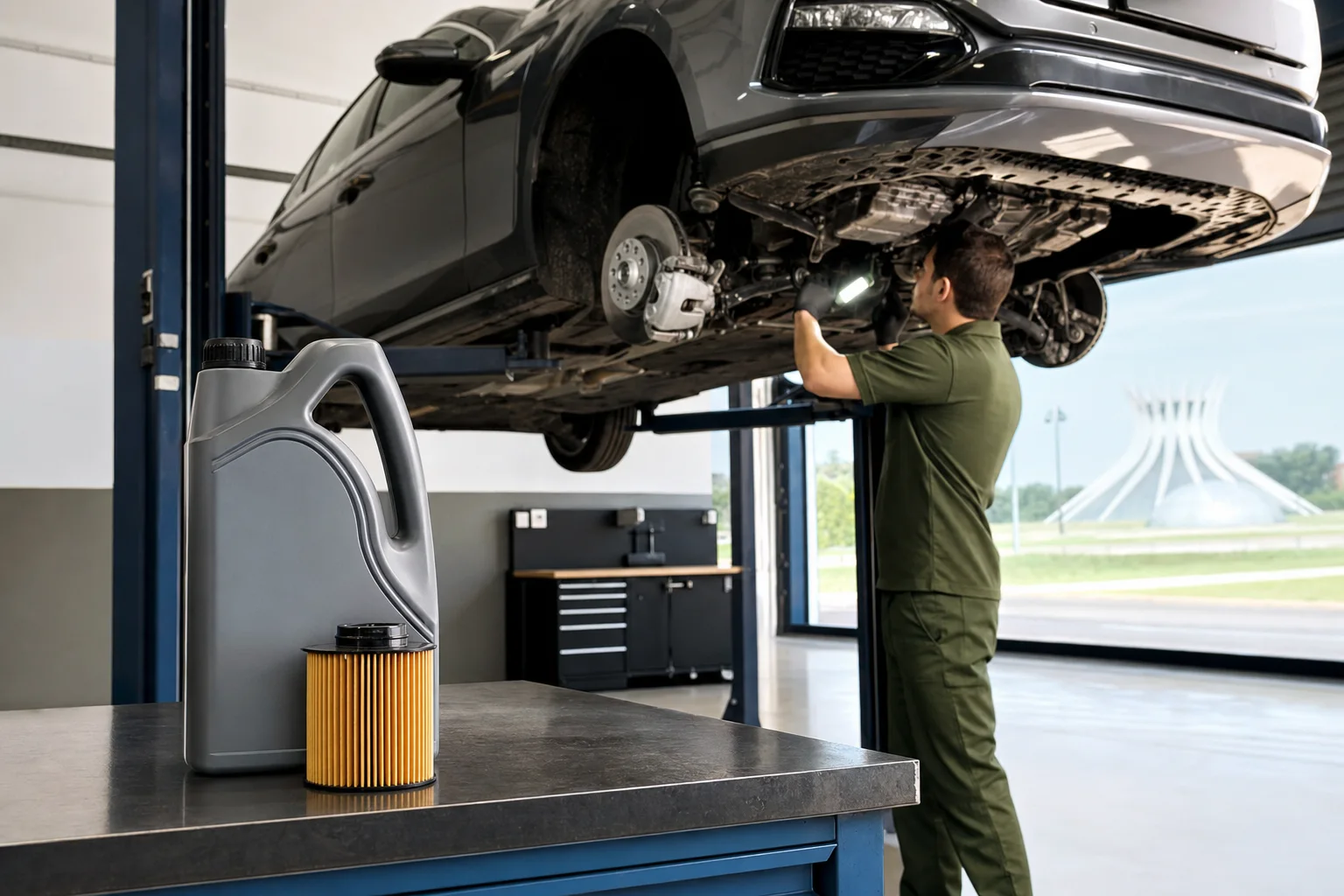 Óleo e filtro em primeiro plano enquanto carro passa por inspeção no elevador