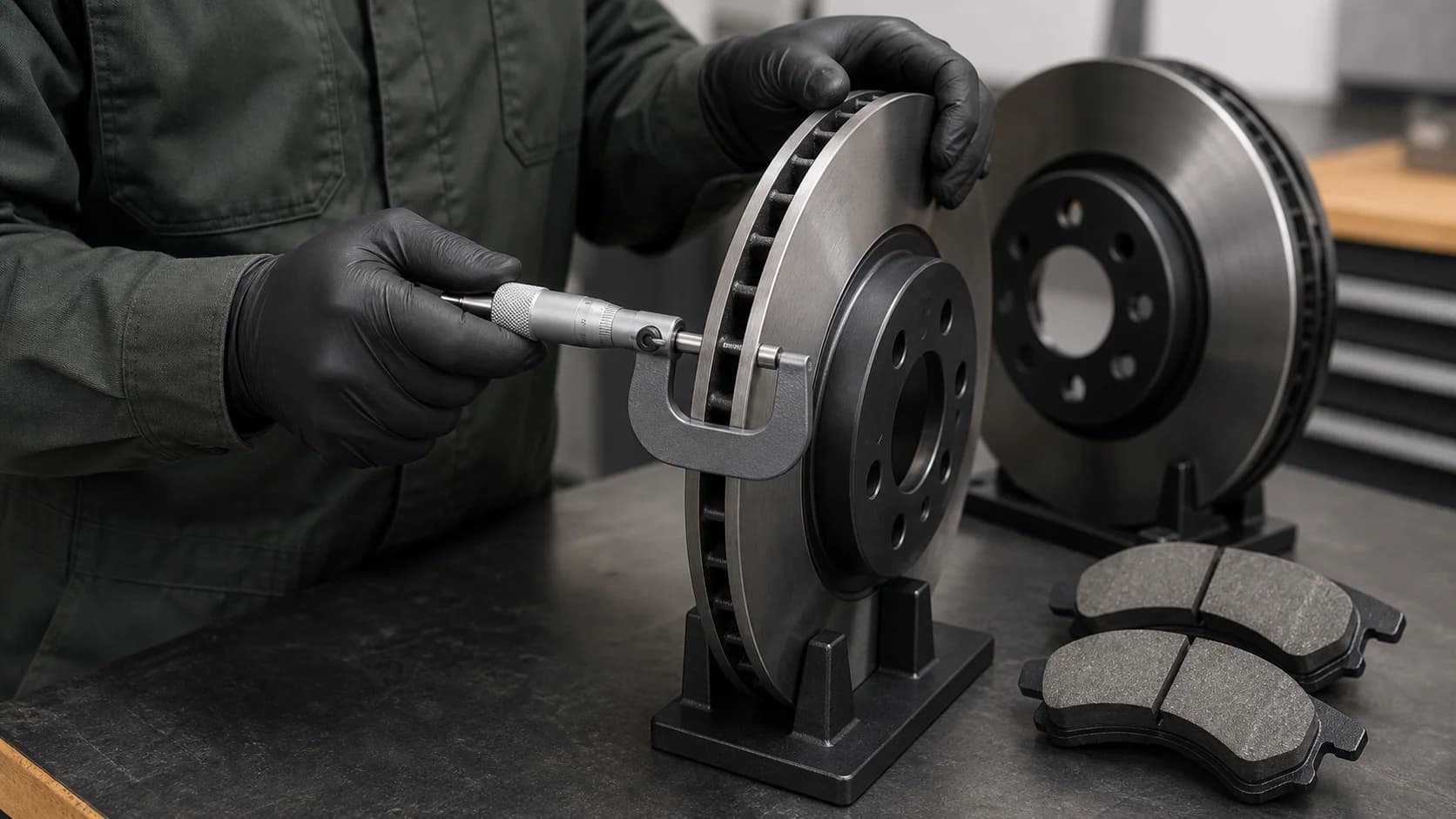 Técnico mede a pista de um disco de freio com micrômetro em oficina profissional